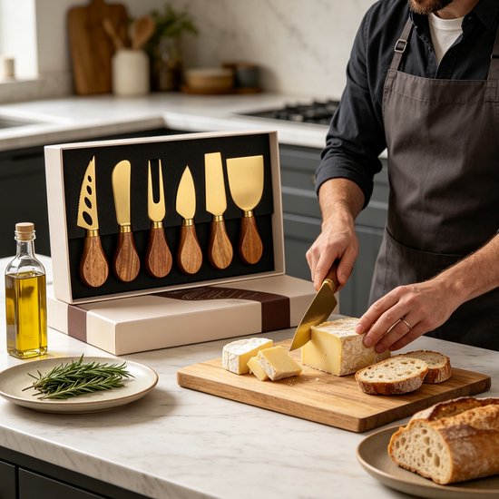 Een man met schort snijdt kaas met een gouden mes uit een set met houten handvatten in een moderne keuken.