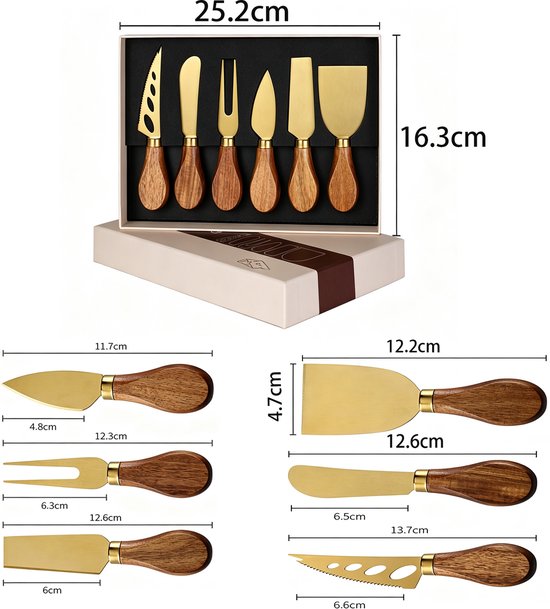 Gouden kaasmesjes met houten handvatten, met gedetailleerde afmetingen en een set in verpakking.