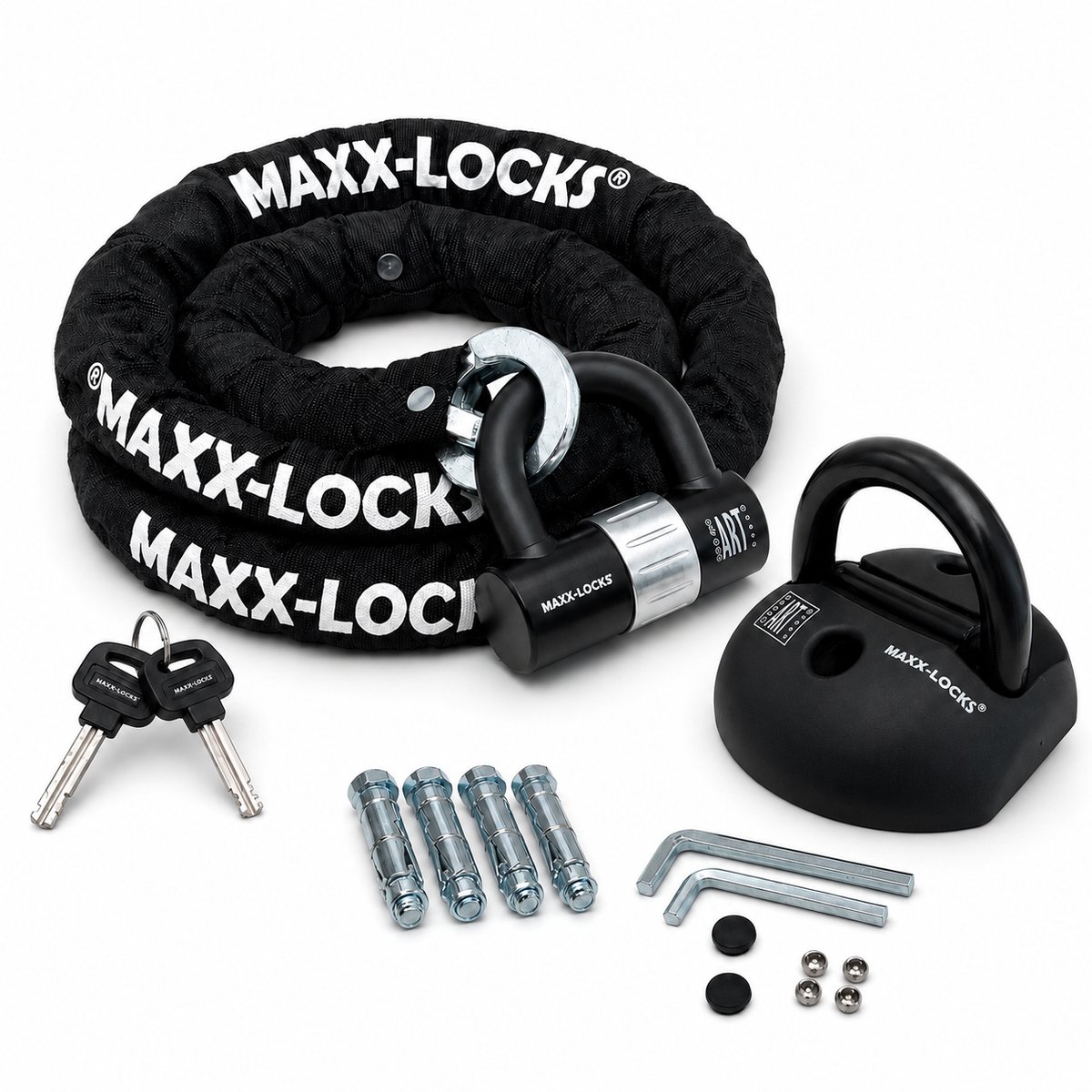 Maxx-Locks Naseby Art 3 Scooterslot + ART 4 Muuranker / Grondanker - Kettingslot met Loop en Beugelslot - Art Gekeurd Slot voor Fatbike en Scooter & Brommer - 100 cm