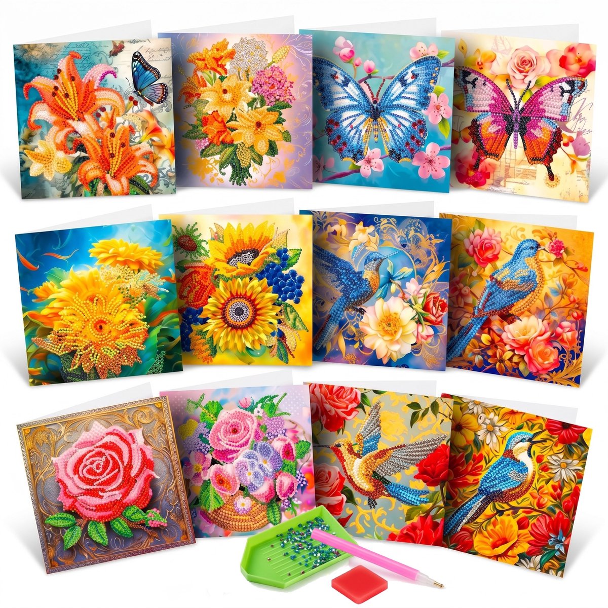 Huntex Diamond Painting Kaarten - 12 Wenskaarten met Enveloppen - Compleet Hobbypakket voor Volwassenen en Kinderen - Bloemen, Vogels en Vlinders