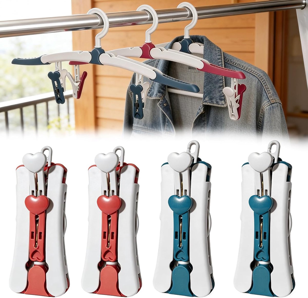 Bobypet - Kleerhangers - Opvouwbare Reishangers 4 Stuks - Ruimtebesparende Klerenhangers - Draagbare Kleerhangers met 8 Knijpers - voor Vakantie en Kamperen