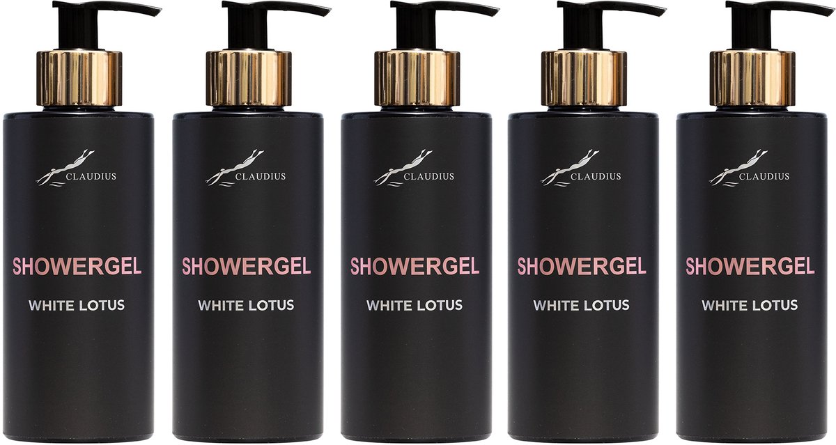 Showergel White Lotus 300 ml - met gouden pomp - zwarte fles - set van 5 stuks - Voordeelverpakking