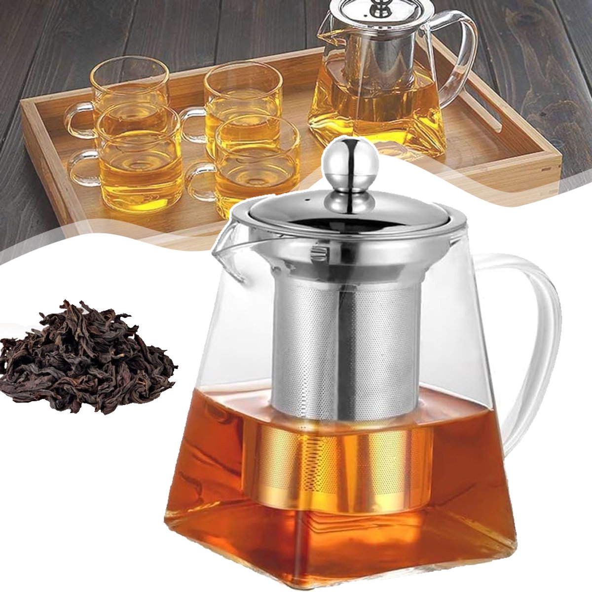 750ml Vierkante Glazen Theepot Met Infuser - Borosilicaat Theepot - Geschikt Voor Bloeiende Thee En Losse Thee