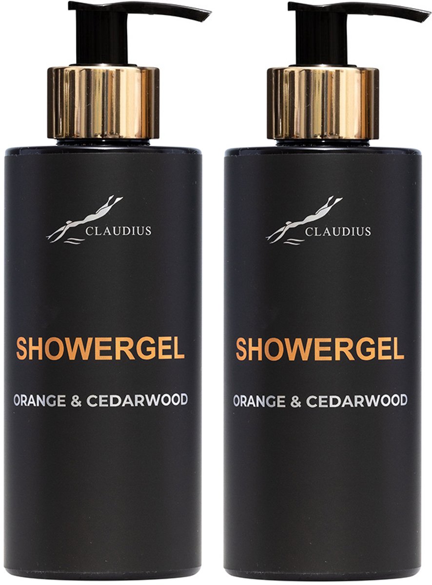 Showergel Sweet Orange & Cedarwood 300 ml - met gouden pomp - zwarte fles - set van 2 stuks - Voordeelverpakking