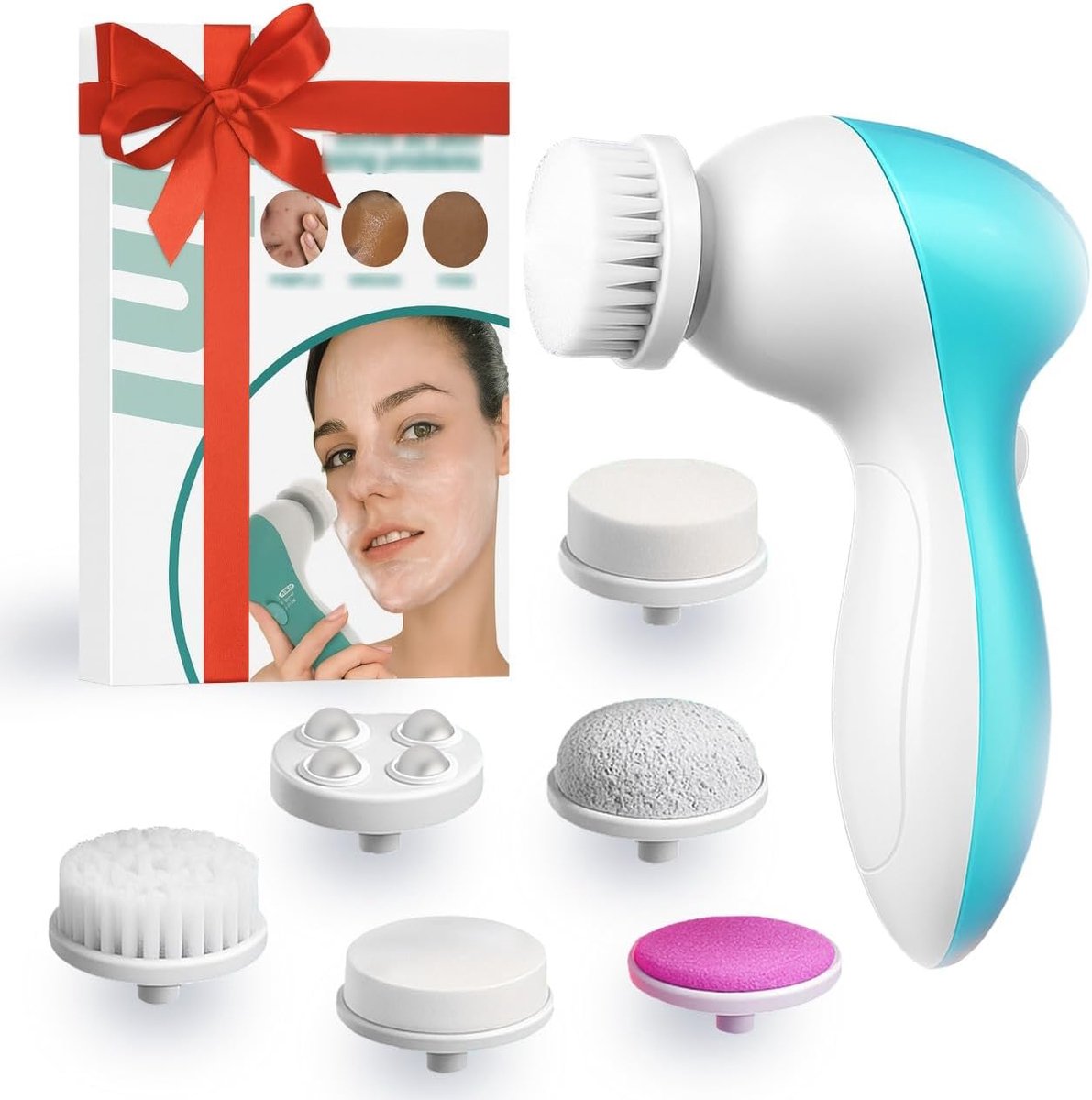 gezichtsborstel gezichtsborstel, 7-in-1 elektrische draaibare gezichtsborstel met 6 borstelhoofden, geschikt voor diepe reiniging, zachte peeling, het verwijderen van zwarte hoofden, massage (wit en waterblauw)
