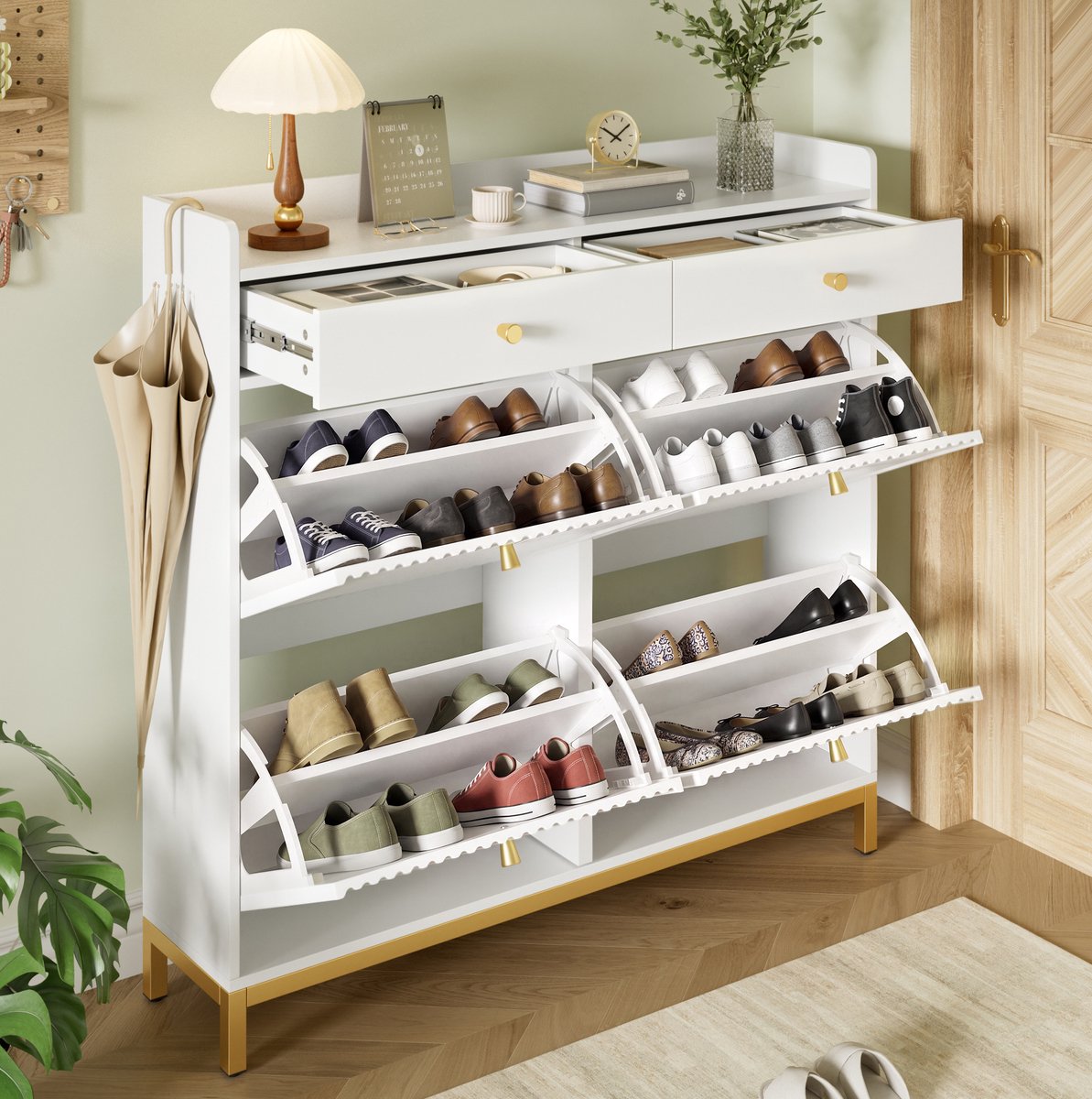 DESMIU Schoenenkast - Smal Model Met 4 Klepdeuren En 2 Laden - Voor Hal En Slaapkamer - Spaanplaat En Metaal - 106,5x25x107 Cm - Wit