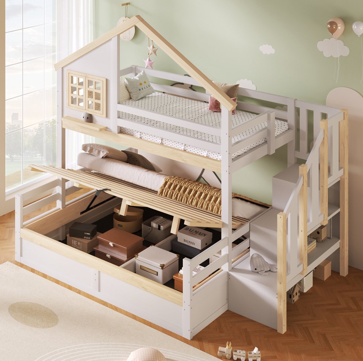 Stapelbed 90x200 cm en 140x200 cm - Opbergruimte en Uitvalbeveiliging - Hout en MDF - Wit Naturel - Kinderbed