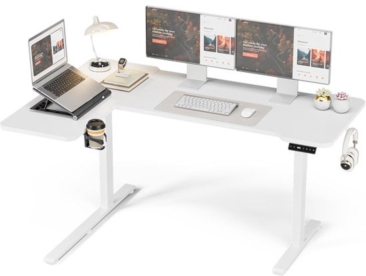 Elektrisch In Hoogte Verstelbaar Hoekbureau 150x100 cm - Zit-Sta Tafel Wit met Bekerhouder en Haak