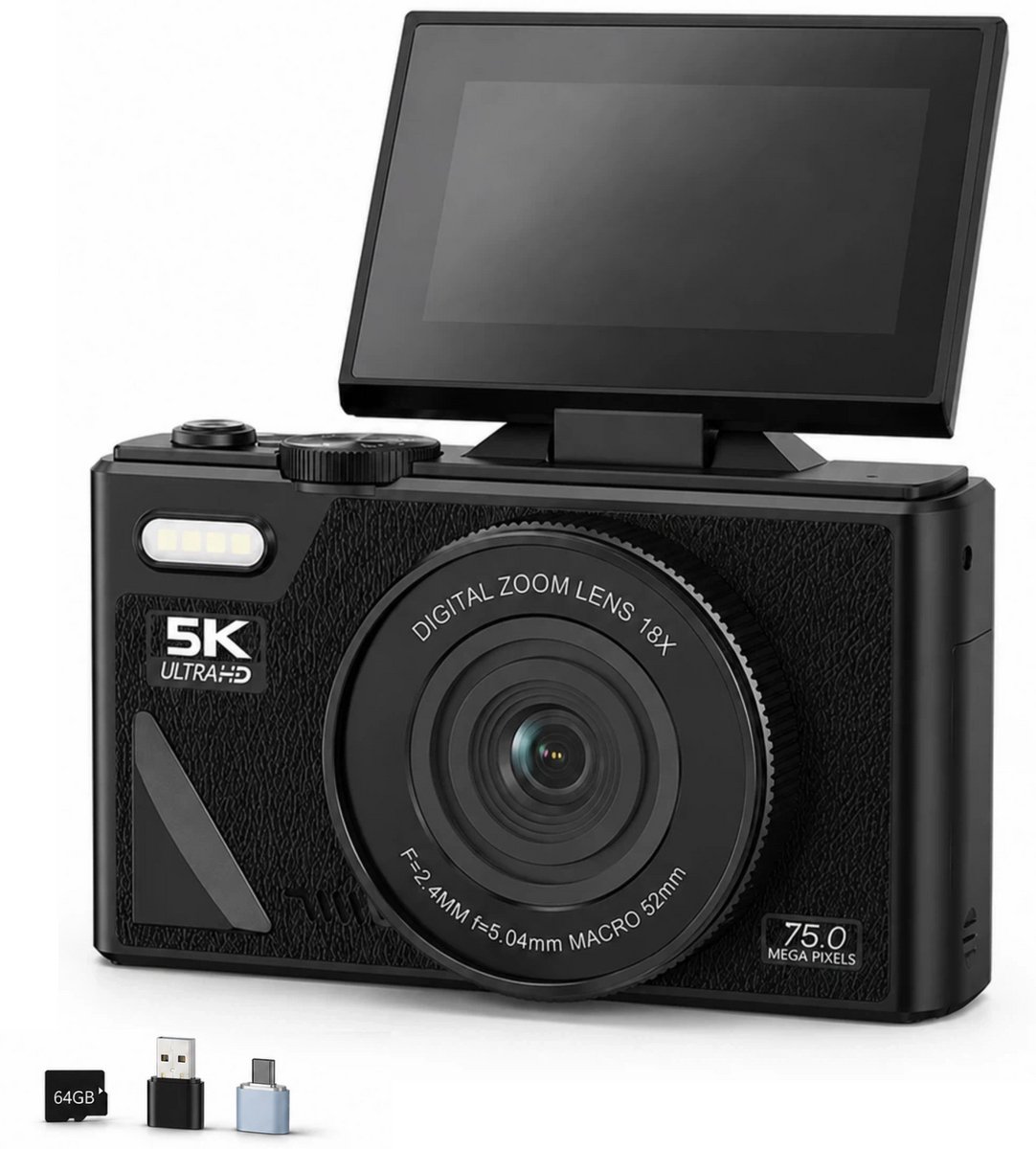 Digitale camera compact met wifi - 5K 20fps - 18x zoom - 64GB kaart