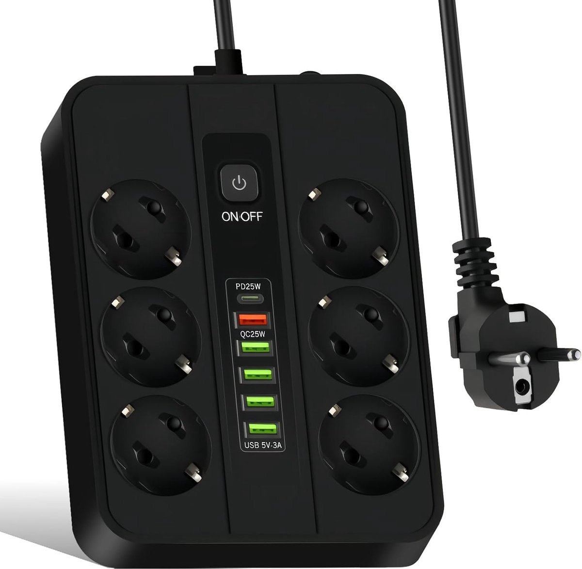 Zwarte stekkerdoos met 6 poorten: Uitgerust met 5 USB-A-poorten en 1 USB-C-snellaadpoort, een netsnoer van 2 meter, een draagbare stekkerdoos die geschikt is voor kantoor, thuis en op reis.