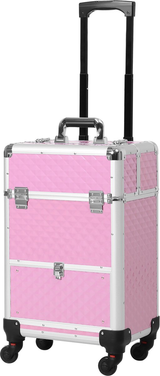 Professionele make-upkoffer met lade, make-upkoffer op wielen voor reizen en werk, 34x25x62 cm, roze