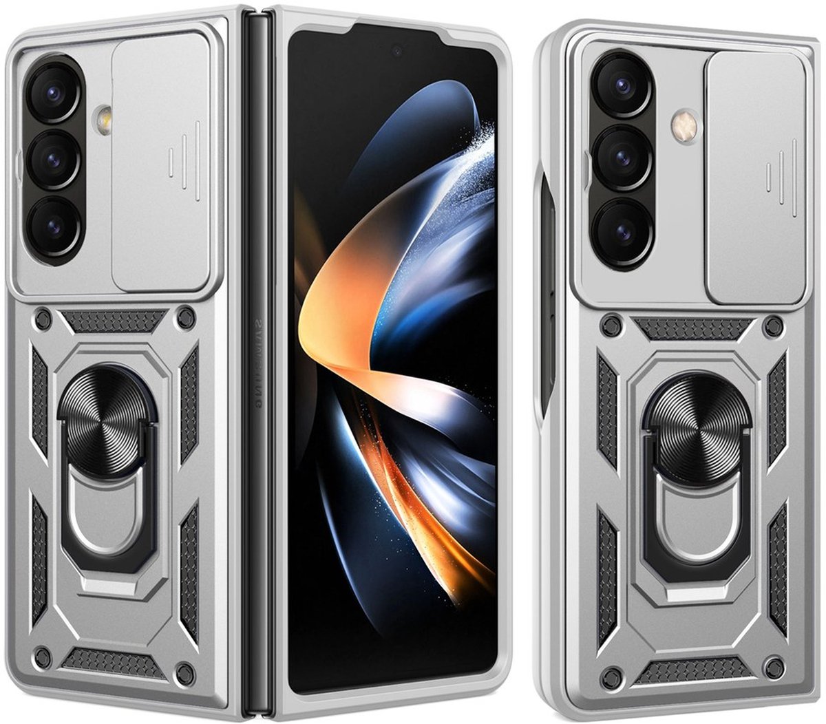 MobyDefend Hoesje - Geschikt voor Samsung Galaxy Z Fold 8 Ultra - Pantsercase Met Draaibare Ring - Zilvergrijs