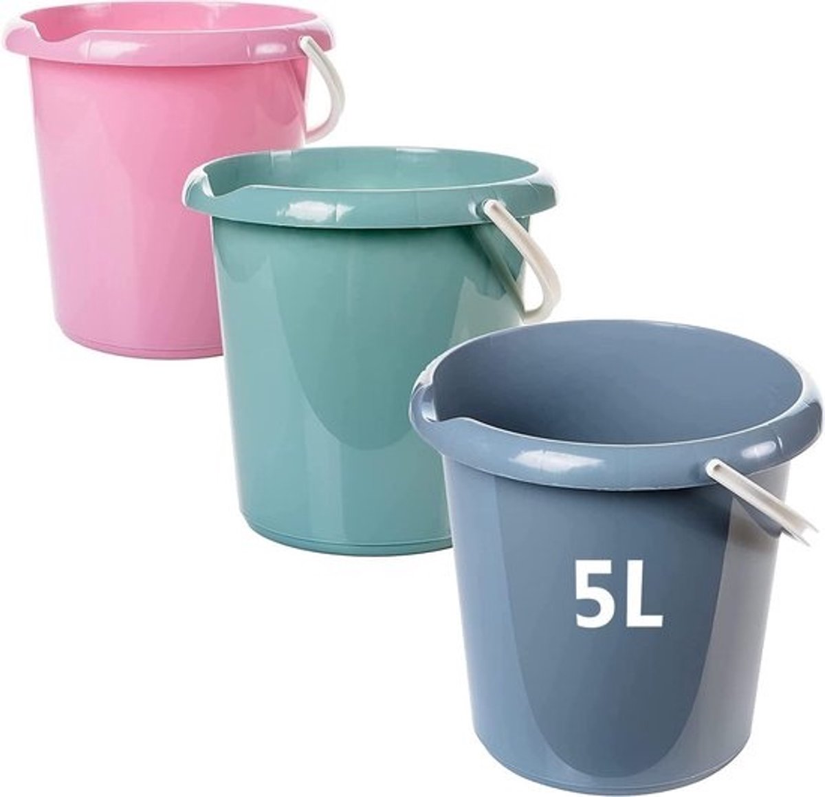 Set van 3 Emmer 5 Liter met Handvat, Schenktuit en Maatverdeling - Foodsafe Poets- en Wateremmer
