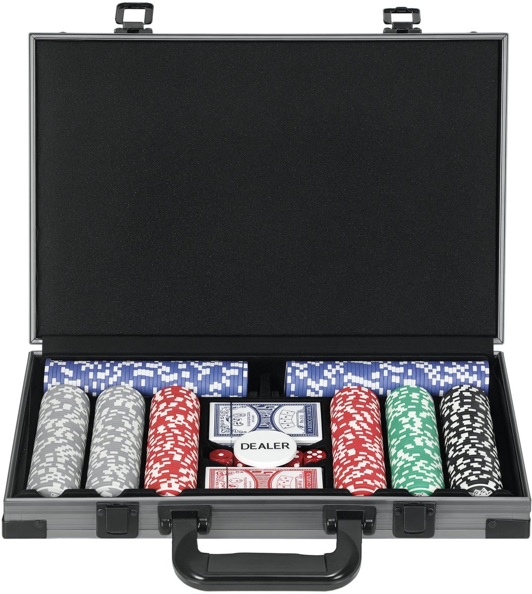 Pokerset met 400 fiches, 2 pakken speelkaarten, dobbelstenen, speelmat en dealerbutton, Texas Hold'em casinoset met draagtas
