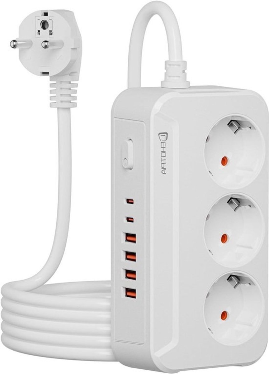 Wandcontactdoos met USB - Verlengkabel stekkerdoos - Thuiswerken - Hoekontwerp - 1.8 m - Wit