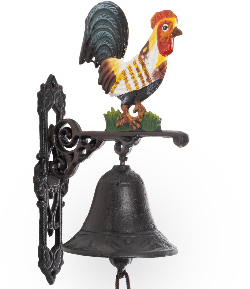 Moritz Deurbel Haan – Gietijzeren Wandbel met Bonte Haan op Gras – Hoogte 50 cm – Antieke Tuinbel in Landhuisstijl voor Voordeur, Tuin en Erf – Decoratieve Hofbel met Klepel en Koord – Rustiek Gietijzer Nostalgisch Boerderij Vintage Hanenbel Cadeau