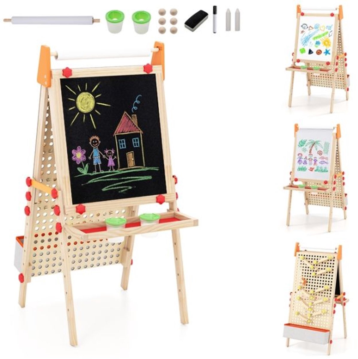 SureDeal® - Boekenkast - Kinder Schildersezel Dubbelzijdig - Magnetisch Whiteboard Papierrol - Knikkerbaan - 65x51x74,5 cm - Naturel