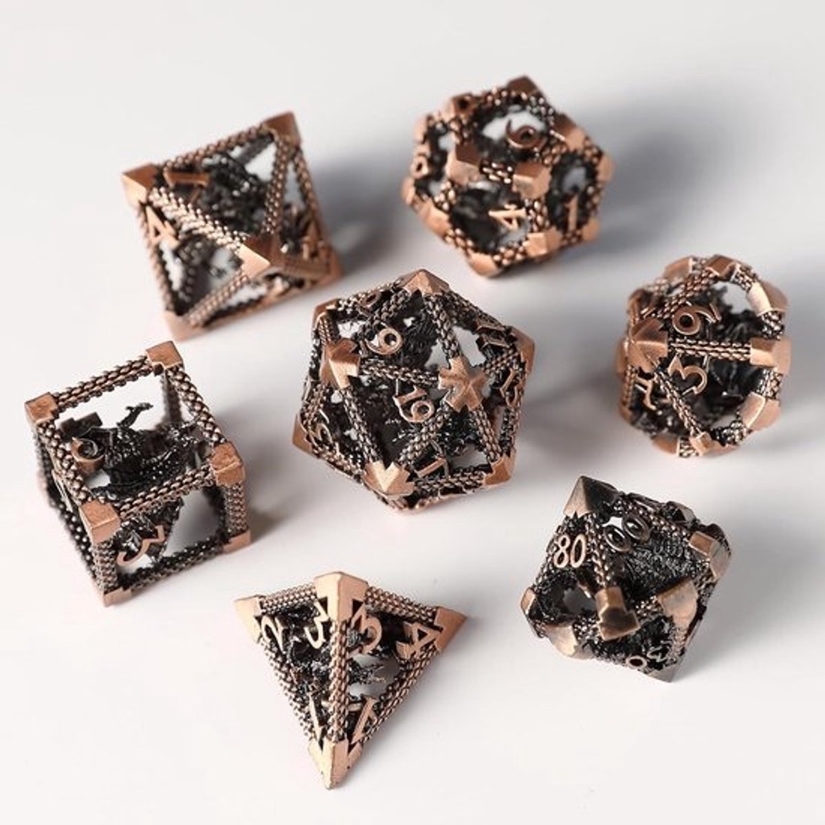 Set van 7 Holle Metalen Dobbelstenen voor D&D en Rollenspellen (D4 t/m D20)