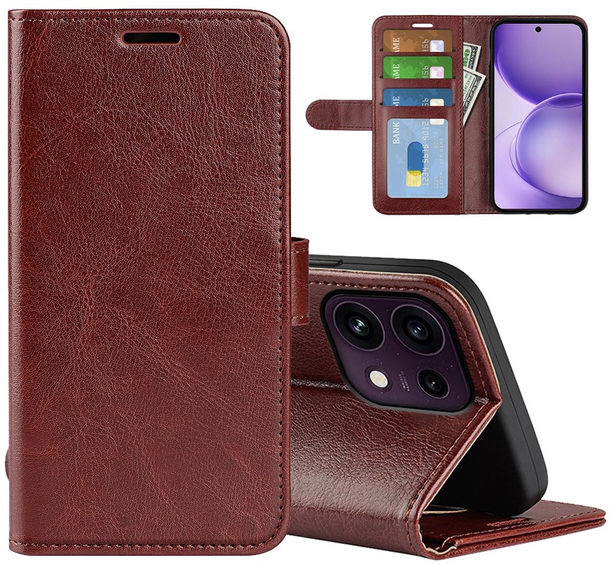 MobyDefend Hoesje - Geschikt voor Oppo Reno16 F/FS - Wallet Book Case (Sluiting Achterkant) - Bruin