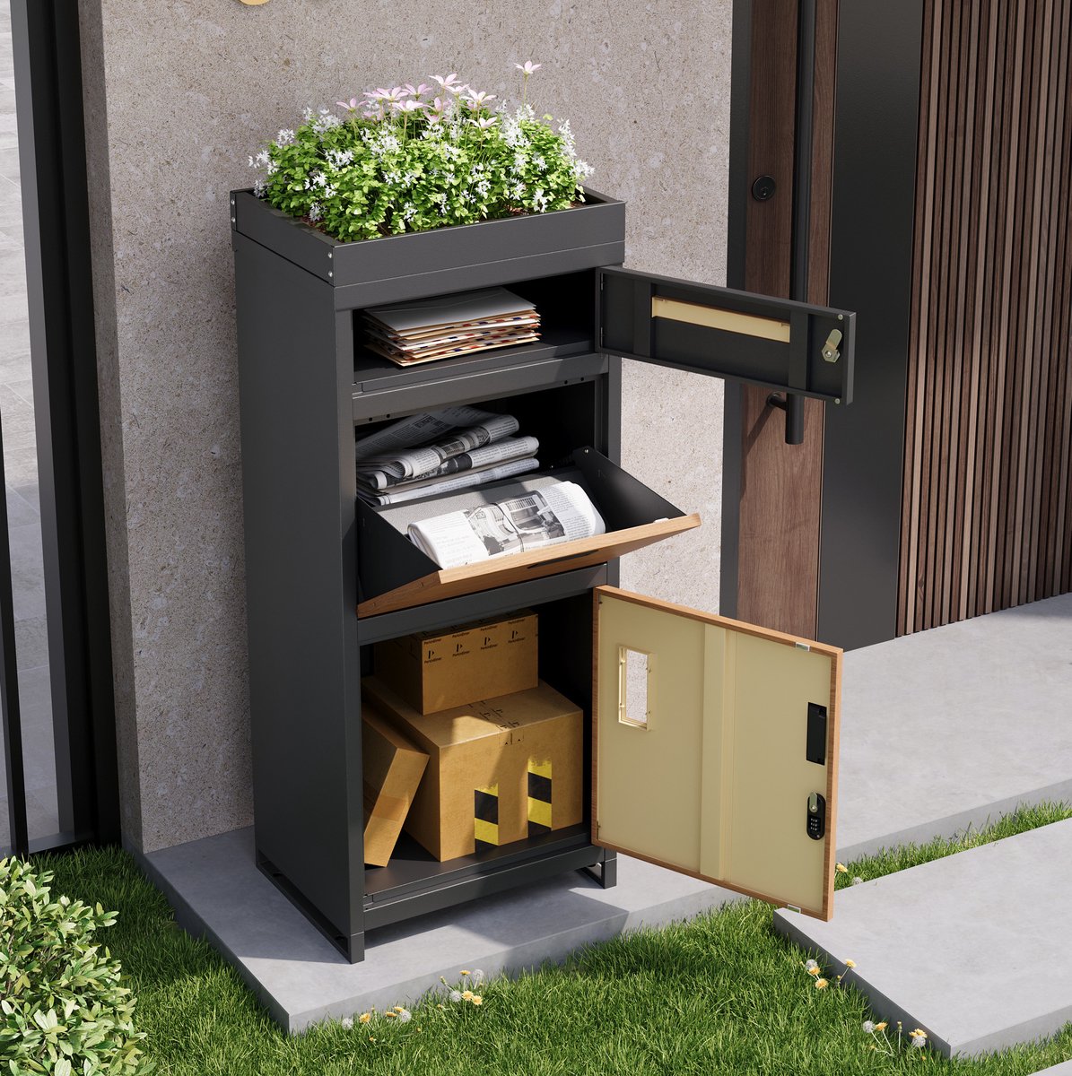 REDOM - Pakketbrievenbus met plantenbak - Afsluitbaar met cijferslot - Gelaagde opbergruimte - Moderne stijl - Voor entree en tuin - Staal - Grijs en houtlook - 118,5 x 50 x 37 cm