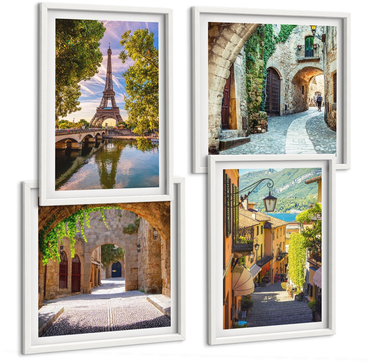 Wallfluent 4-Delige Schilderij Set - Prachtige Straten, Historische Architectuur, Eiffeltoren - 40 x 40 En 40 x 60 - Stijlvolle Muurdecoratie - Slaapkamer - Wanddecoratie