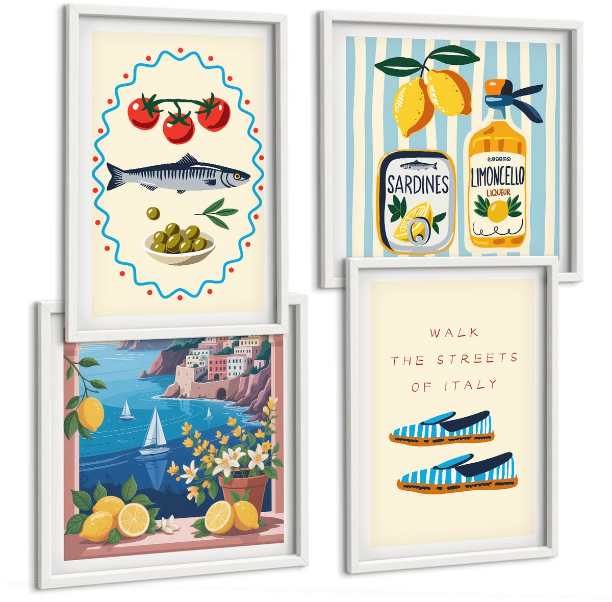 Wallfluent 4-Delige Schilderij Set - Italiaanse Smaken En Levensstijl In Kleurrijke Afbeeldingen - 40 x 40 En 40 x 60 - Muurdecoratie - Decoratieve Schilderijen - Wohnzimmer
