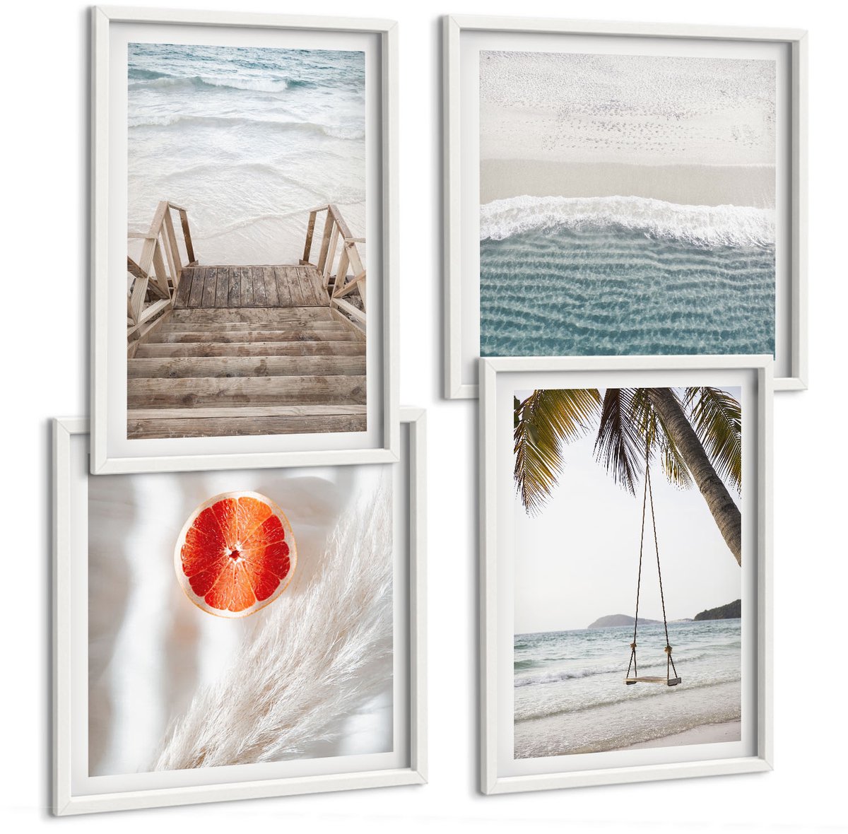Wallfluent 4-Delige Schilderij Set - Strand Met Houten Trap, Vakantiesfeer - 40 x 40 En 40 x 60 - Stijlvolle Muurdecoratie - Kantoor - Wanddecoratie