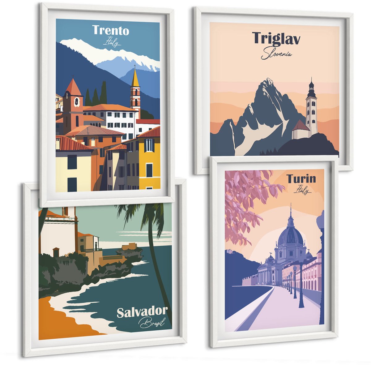 Wallfluent 4-Delige Schilderij Set - Bergen En Architectuur, Retro, Kleurrijke Illustraties - 40 x 40 En 40 x 60 - Muurdecoratie - Schilderijen Set - Woonkamer - Wanddecoratie