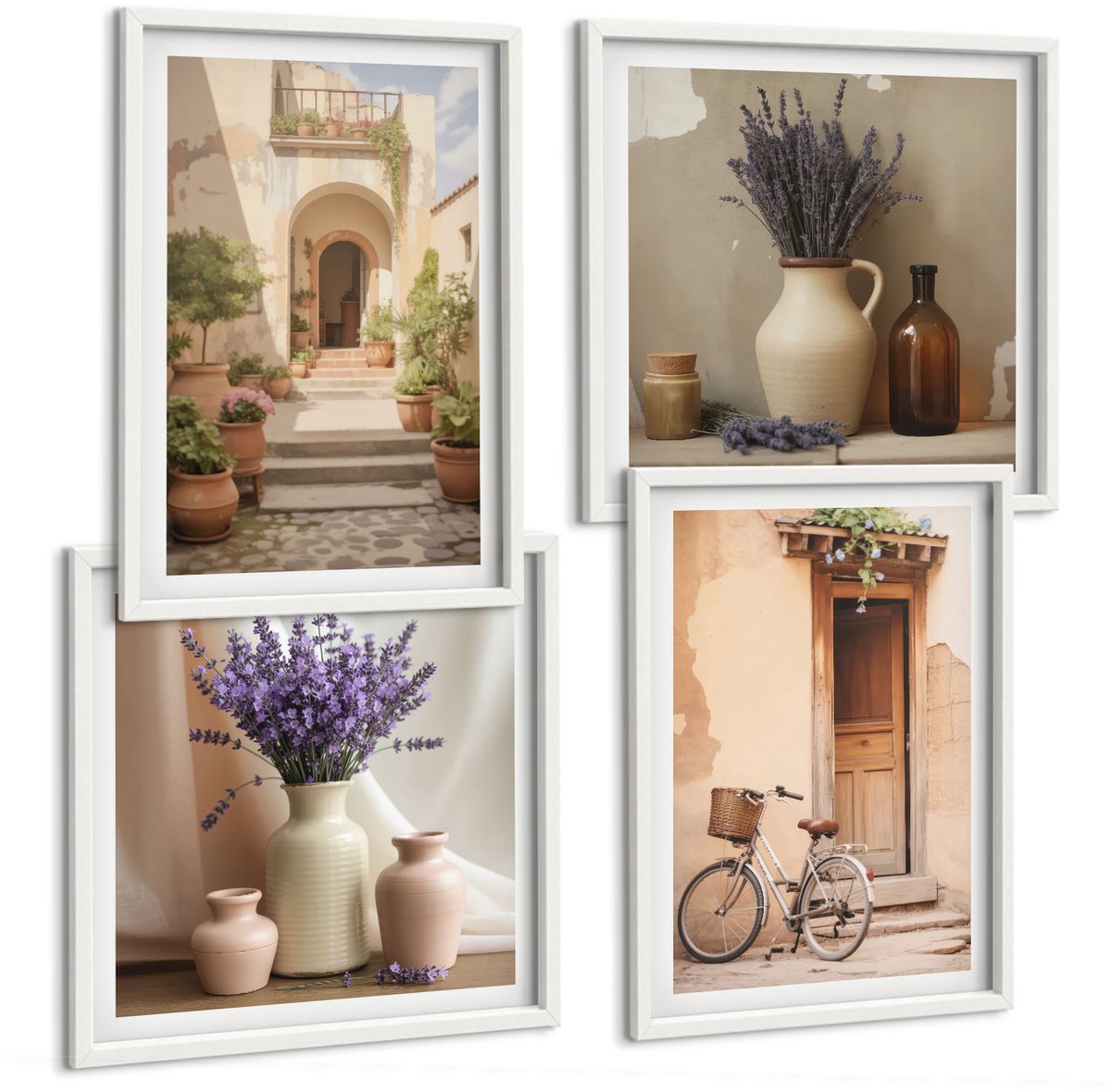 Wallfluent 4-Delige Schilderij Set - Lavendelbloemen, Olijven En Italiaanse Architectuur - 40 x 40 En 40 x 60 - Decoratieve Muurdecoratie - Slaapkamer
