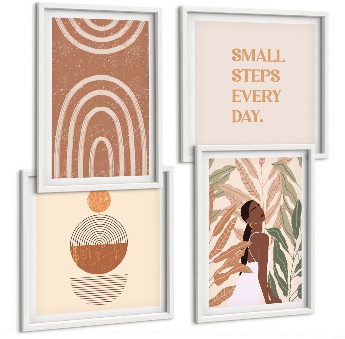 Wallfluent 4-Delige Schilderij Set - Stijlvolle Patronen Met Plantmotieven En Geometrische Vormen. - 40 x 40 En 40 x 60 - Wanddecoratie - Muurdecoratie - Moderne Interieurdecoratie