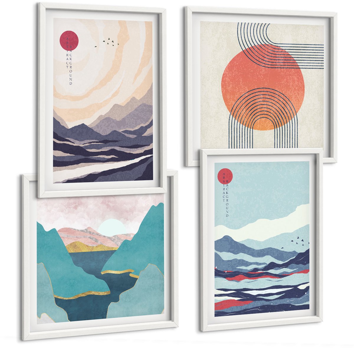 Wallfluent 4-Delige Schilderij Set - Japanse Abstracte Berglandschappen - 40 x 40 En 40 x 60 - Decoratieve Schilderijen - Wanddecoratie - Hal - Woonkamer Decoratie