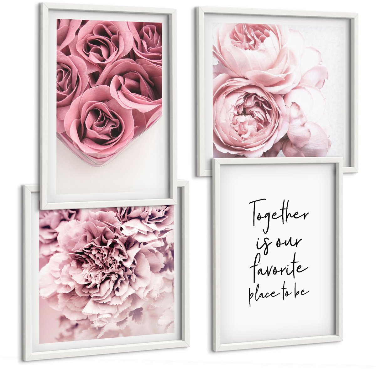 Wallfluent 4-Delige Schilderij Set - Bloemen En Boeketten Rozen Met Een Zelfgeschreven Tekst. - 40 x 40 En 40 x 60 - Muurdecoratie - Interieur Decoratie - Stijlvolle Muurdecoratie