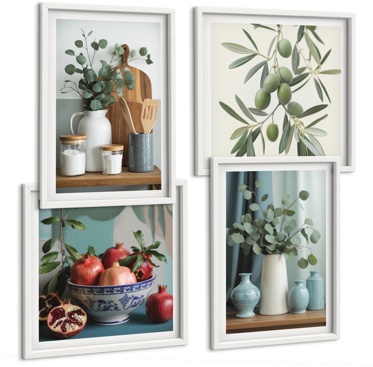 Wallfluent 4-Delige Schilderij Set - Esthetisch Aantrekkelijke Combinatie Van Groene Olijven En Eucalyptustakken - 40 x 40 En 40 x 60 - Decoratieve Schilderijen - Wanddecoratie - Hal - Moderne Wanddecoratie