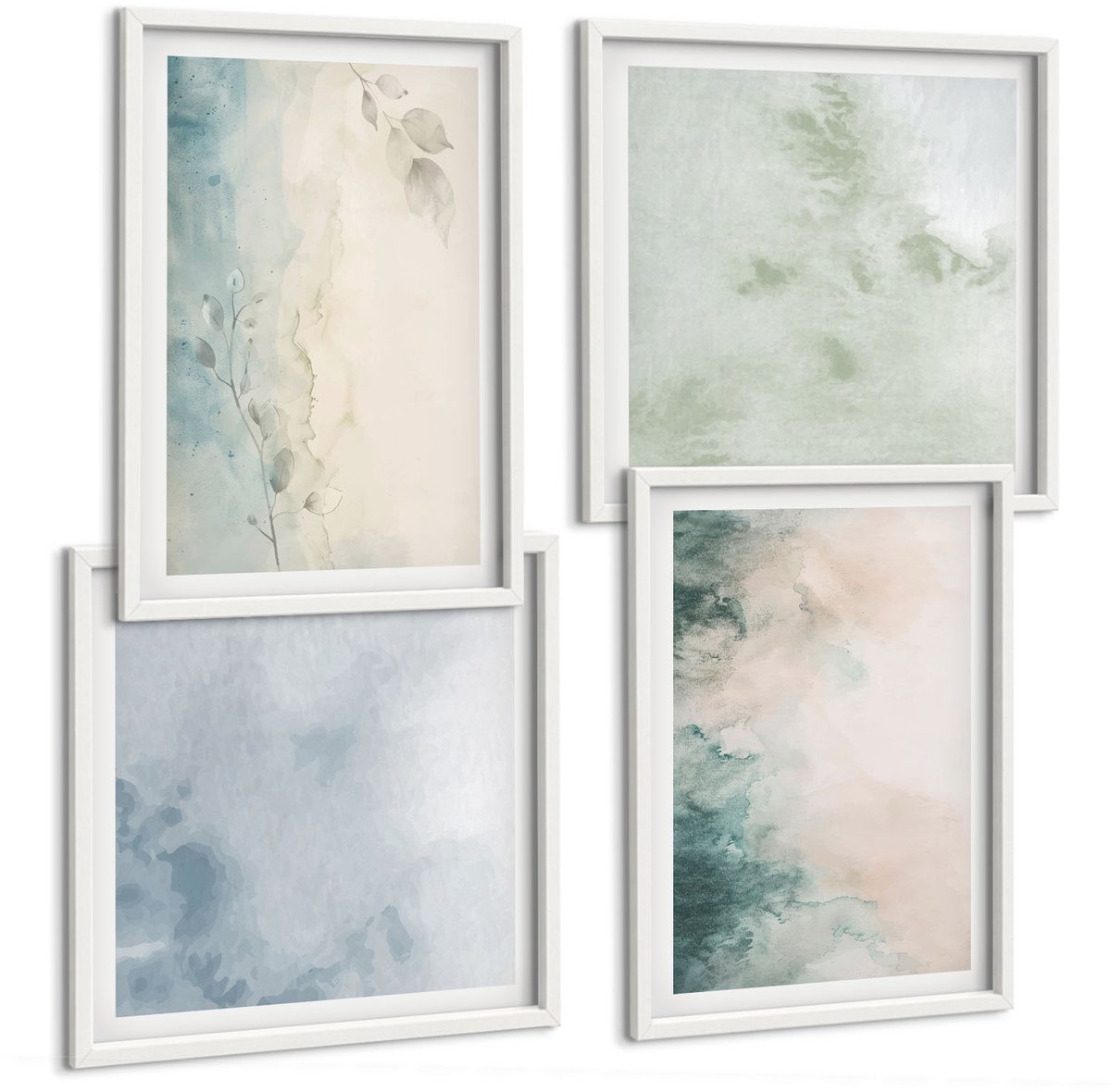 Wallfluent 4-Delige Schilderij Set - Aquarellen Op Canvas In Minimalistische Stijl - 40 x 40 En 40 x 60 - Wanddecoratie - Muurdecoratie - Woonkamer - Woonkamer Decoratie