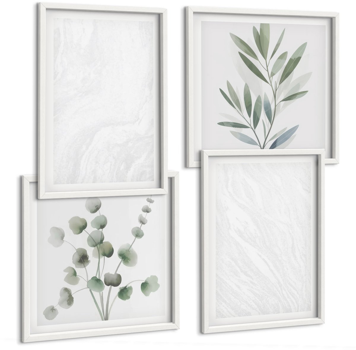 Wallfluent 4-Delige Schilderij Set - Elegante Lineaire Structuur Van Marmer Met Pastelkleurige Takken - 40 x 40 En 40 x 60 - Moderne Wanddecoratie - Slaapkamer