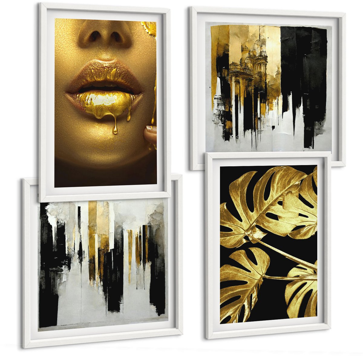 Wallfluent 4-Delige Schilderij Set - Abstracte Schilderij Monstera-Bladeren Portret Van Een Vrouw - 40 x 40 En 40 x 60 - Wanddecoratie - Woonkamer Decoratie - Decoratieve Schilderijen