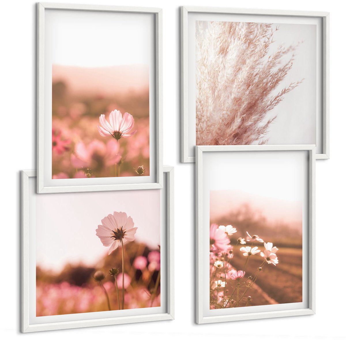 Wallfluent 4-Delige Schilderij Set - Wilde Bloemen In De Weiden In Een Romantisch Zomerlandschap - 40 x 40 En 40 x 60 - Muurdecoratie - Wanddecoratie - Hal - Stijlvolle Muurdecoratie
