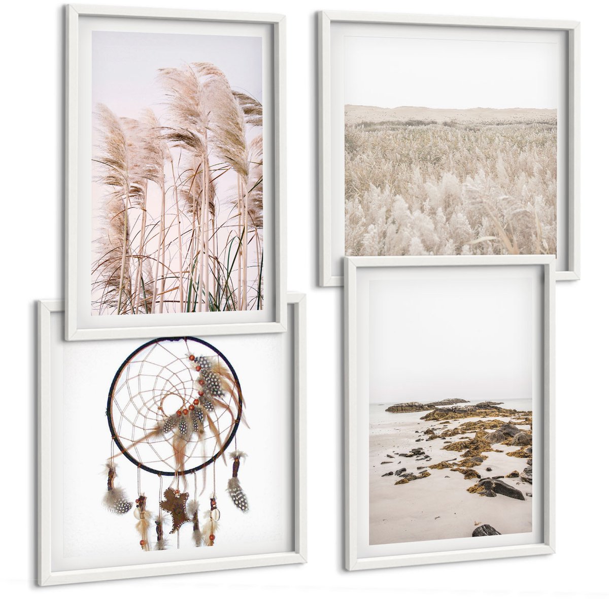 Wallfluent 4-Delige Schilderij Set - Pampasgrasvelden, Strand, Dromenvanger, Boho-Stijl - 40 x 40 En 40 x 60 - Decoratieve Schilderijen - Woonkamer - Interieur - Moderne Wanddecoratie