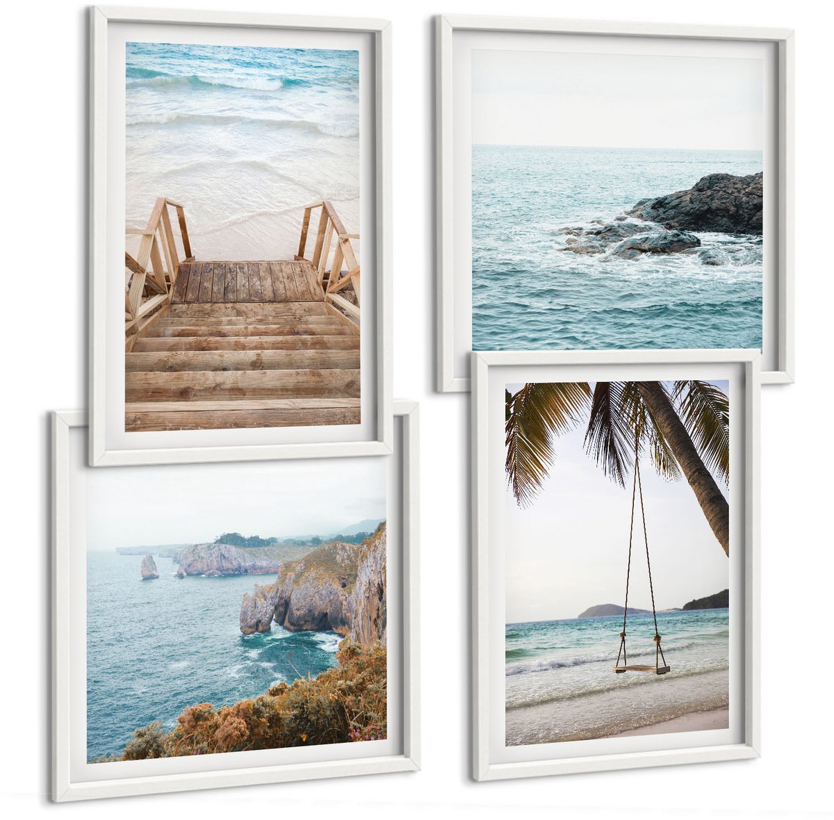 Wallfluent 4-Delige Schilderij Set - Trap Naar Het Strand, Uitzicht Op Zee En Schommel In Een Palmboom - 40 x 40 En 40 x 60 - Muurdecoratie - Decoratieve Schilderijen - Wohnzimmer - Wanddecoratie