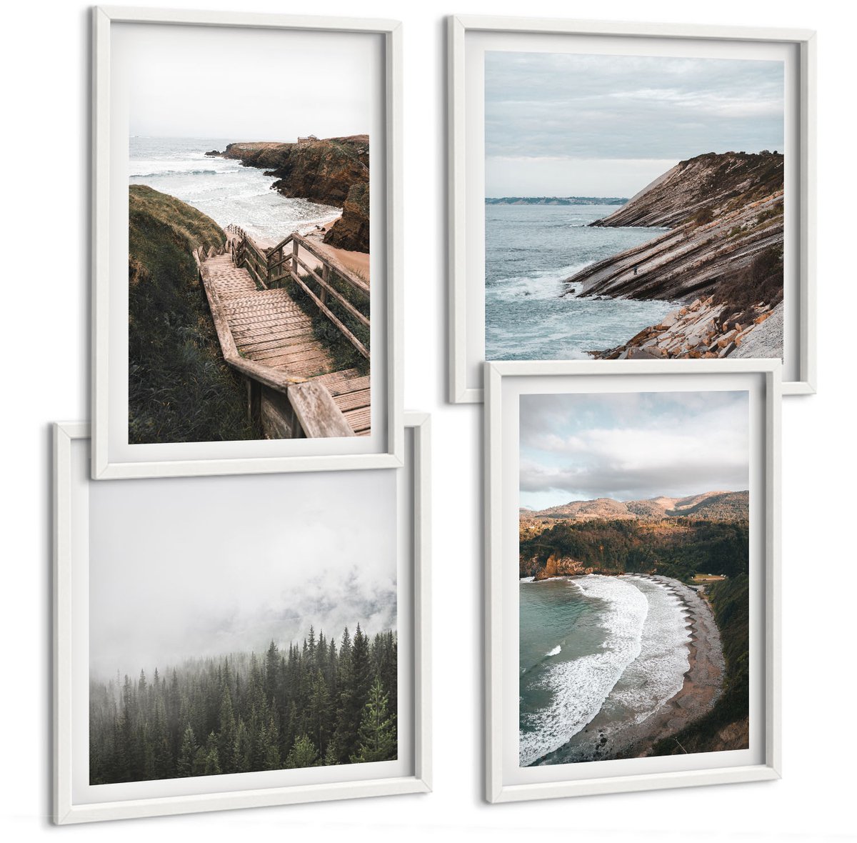 Wallfluent 4-Delige Schilderij Set - Uitzicht Op Zee Met Kliffen En Strandlandschappen - 40 x 40 En 40 x 60 - Wanddecoratie - Schilderijen Set - Kantoor - Interieur Decoratie