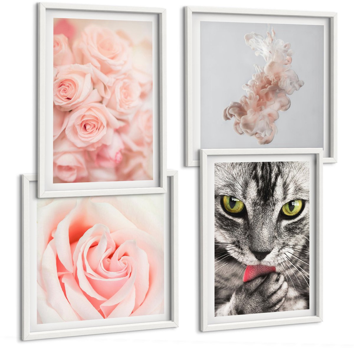 Wallfluent 4-Delige Schilderij Set - Grijze Kat, Delicate Rozen, Subtiele Abstractie - 40 x 40 En 40 x 60 - Moderne Wanddecoratie - Slaapkamer - Muurdecoratie