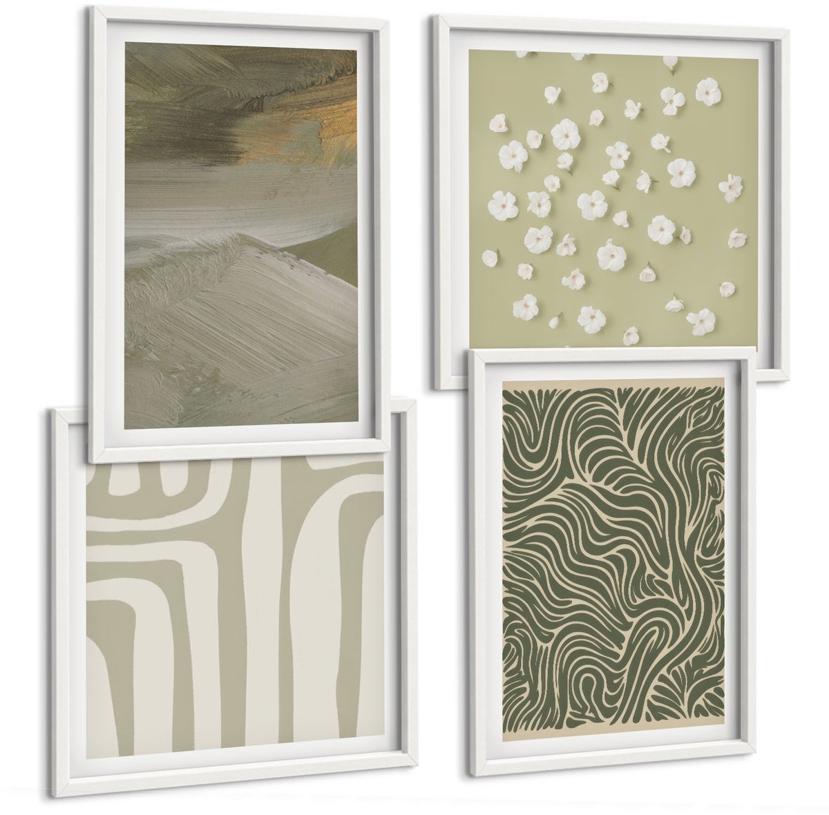 Wallfluent 4-Delige Schilderij Set - Golvende En Abstracte Patronen Met Boho-Bloemen - 40 x 40 En 40 x 60 - Stijlvolle Muurdecoratie - Slaapkamer - Moderne Wanddecoratie