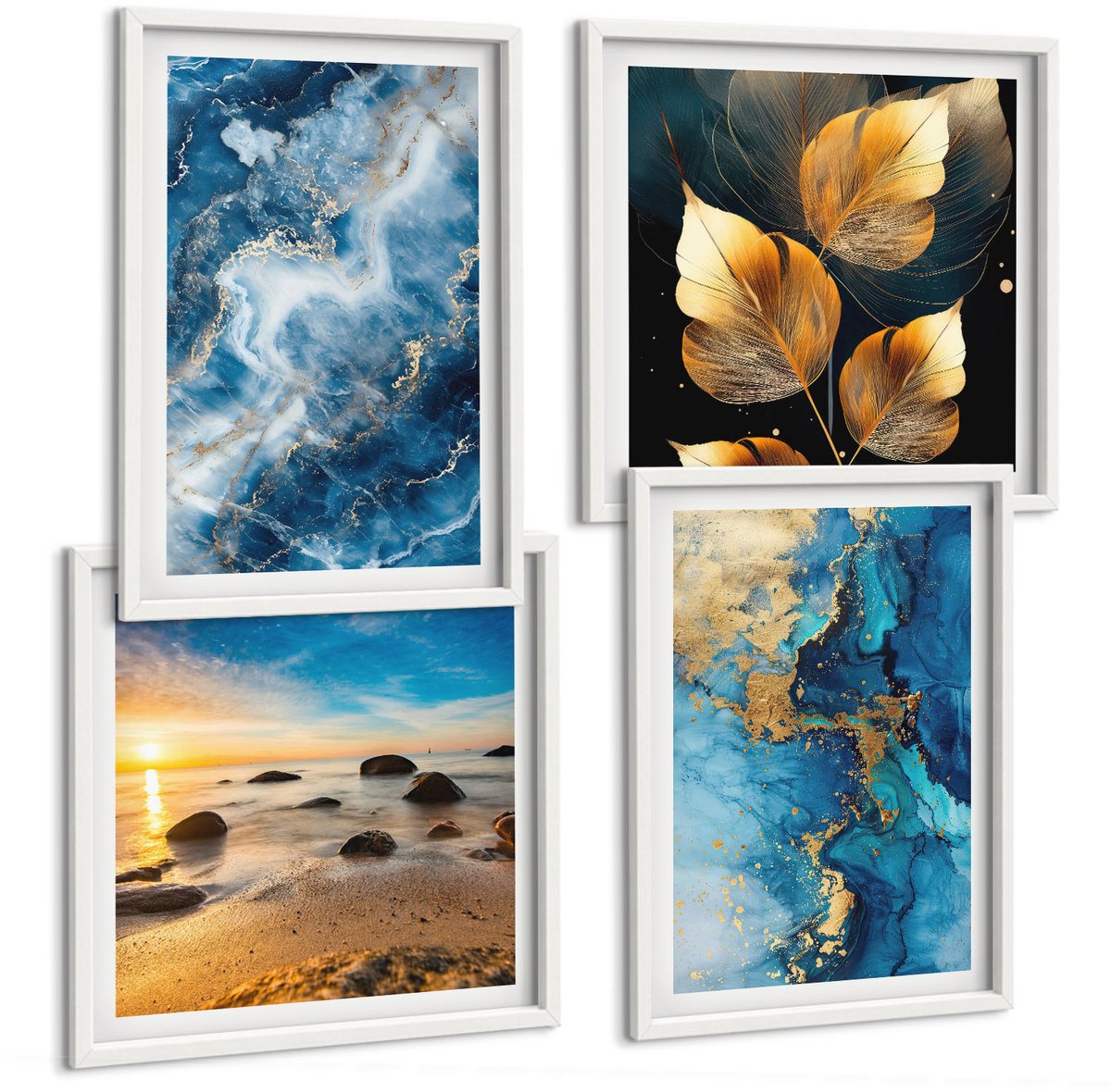 Wallfluent 4-Delige Schilderij Set - Blauwe Abstracte Patronen - 40 x 40 En 40 x 60 - Moderne Wanddecoratie - Woonkamer - Interieur Decoratie