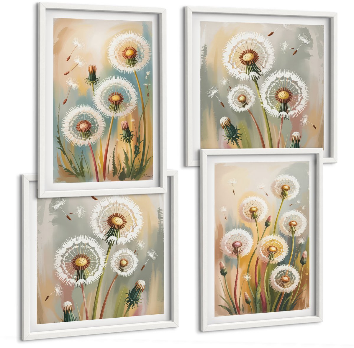 Wallfluent 4-Delige Schilderij Set - Paardenbloemen Tegen Een Pastelkleurige Grasachtergrond - 40 x 40 En 40 x 60 - Wanddecoratie - Schilderijen Set - Kantoor - Woonkamer Decoratie