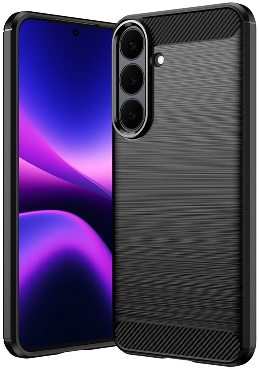 MobyDefend Hoesje - Geschikt voor Samsung Galaxy S26 FE - TPU Backcover - Geborstelde Metaal & Carbon-Look - Zwart