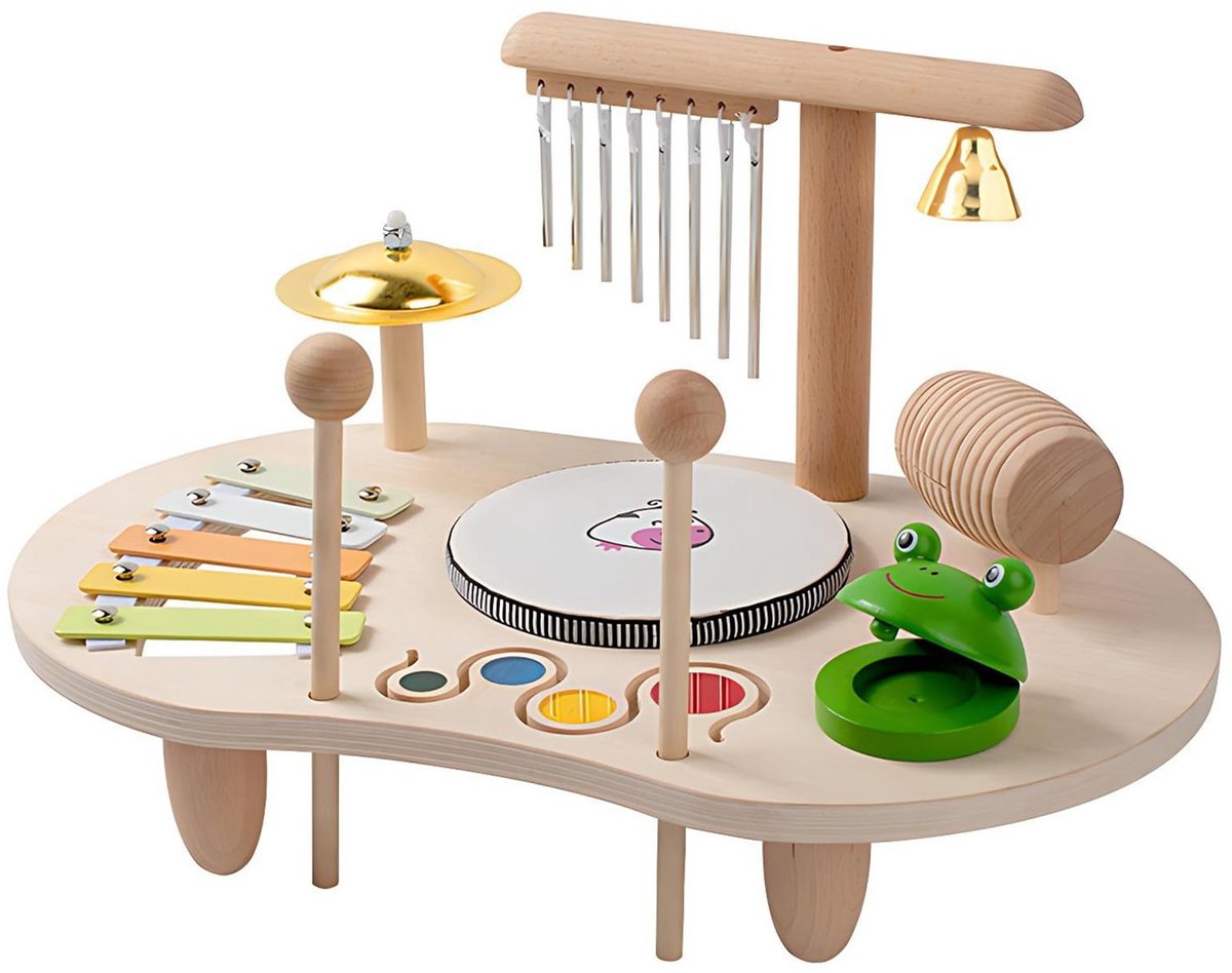 Houten Montessori Muziektafel – Kinderspeeltafel met Xylofoon, Trommel & Windspel – Vanaf 18 maanden