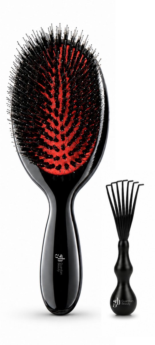 Guardian Beauty Antiklet - Middelgroot - Everzwijnharen - Beukenhouten - Hoofdhuidmassageborstel voor Pluisvermindering + Inclusief Haarborstelreiniger
