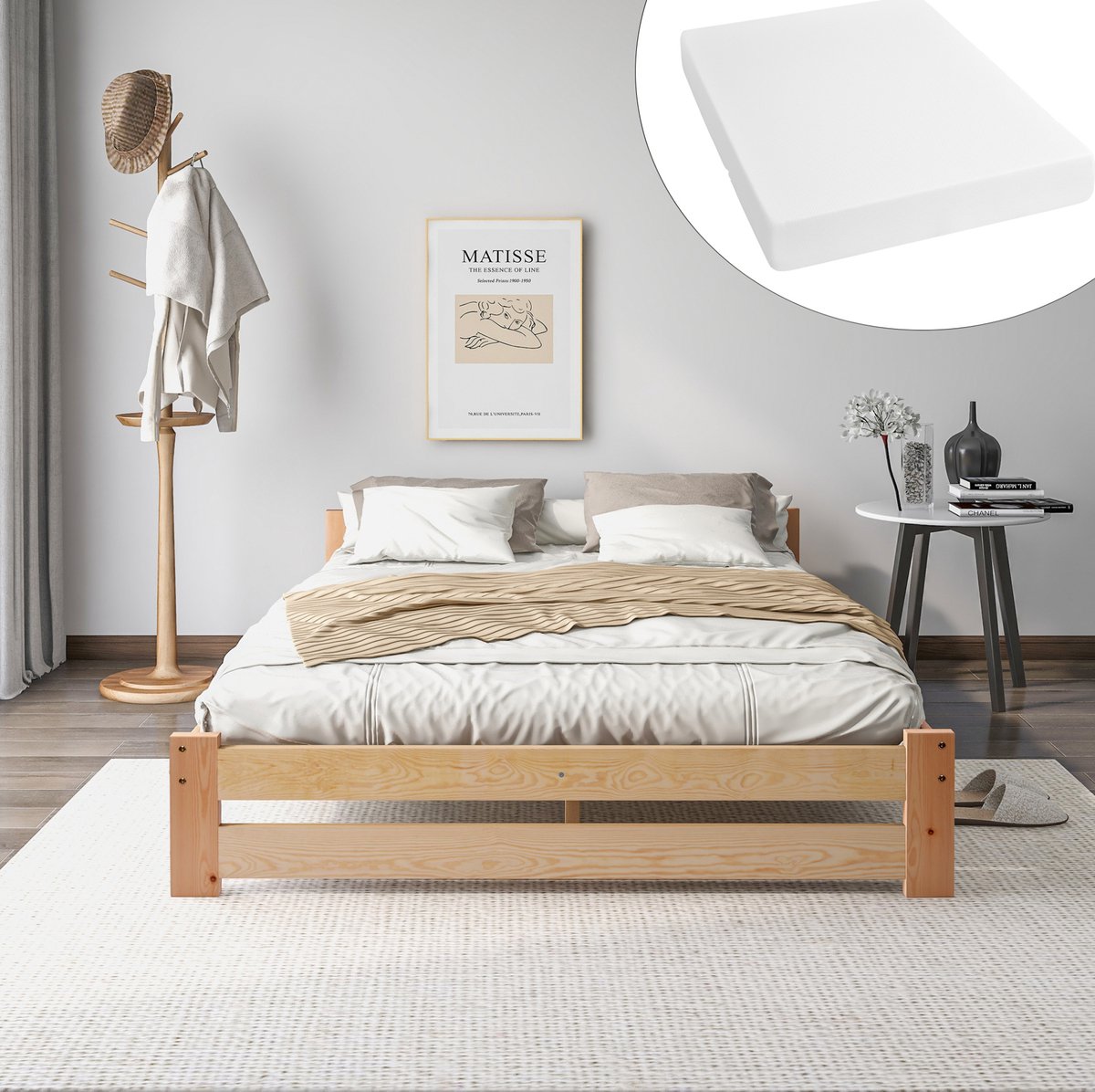 REDOM - Bedframe - Hoofdbord en lattenbodem - Vast frame - Lage bedombouw - Moderne stijl - Slaapkamer - Hout - Naturel - 205 x 147 x 49 cm