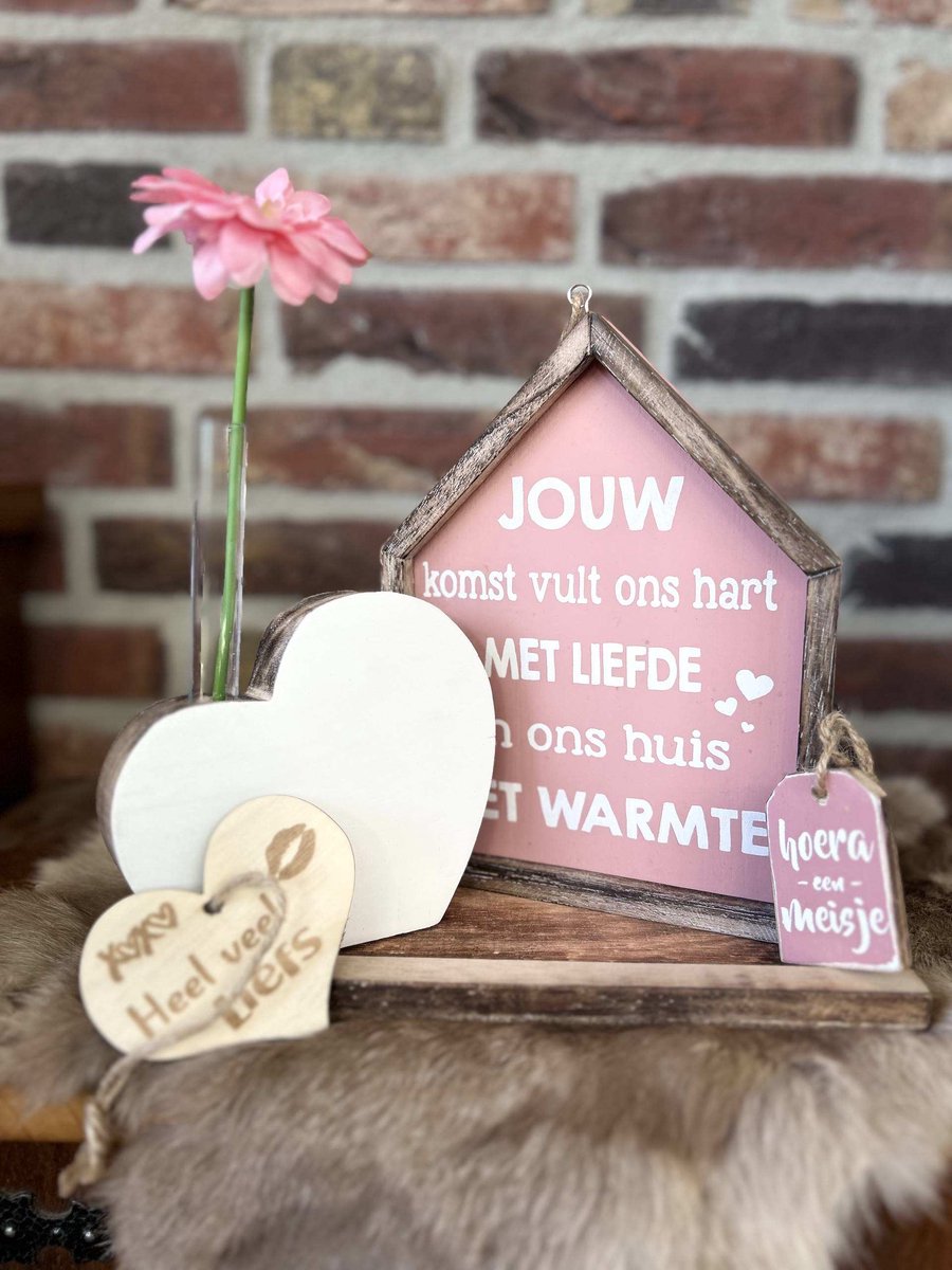 Creaties van hier – Cadeau pakket geboorte meisje - houten huisje roze - houten hart met reageerbuisje en licht roze gerbera - Een label “Hoera een meisje” - Dinblaadje wit - met houten hartje