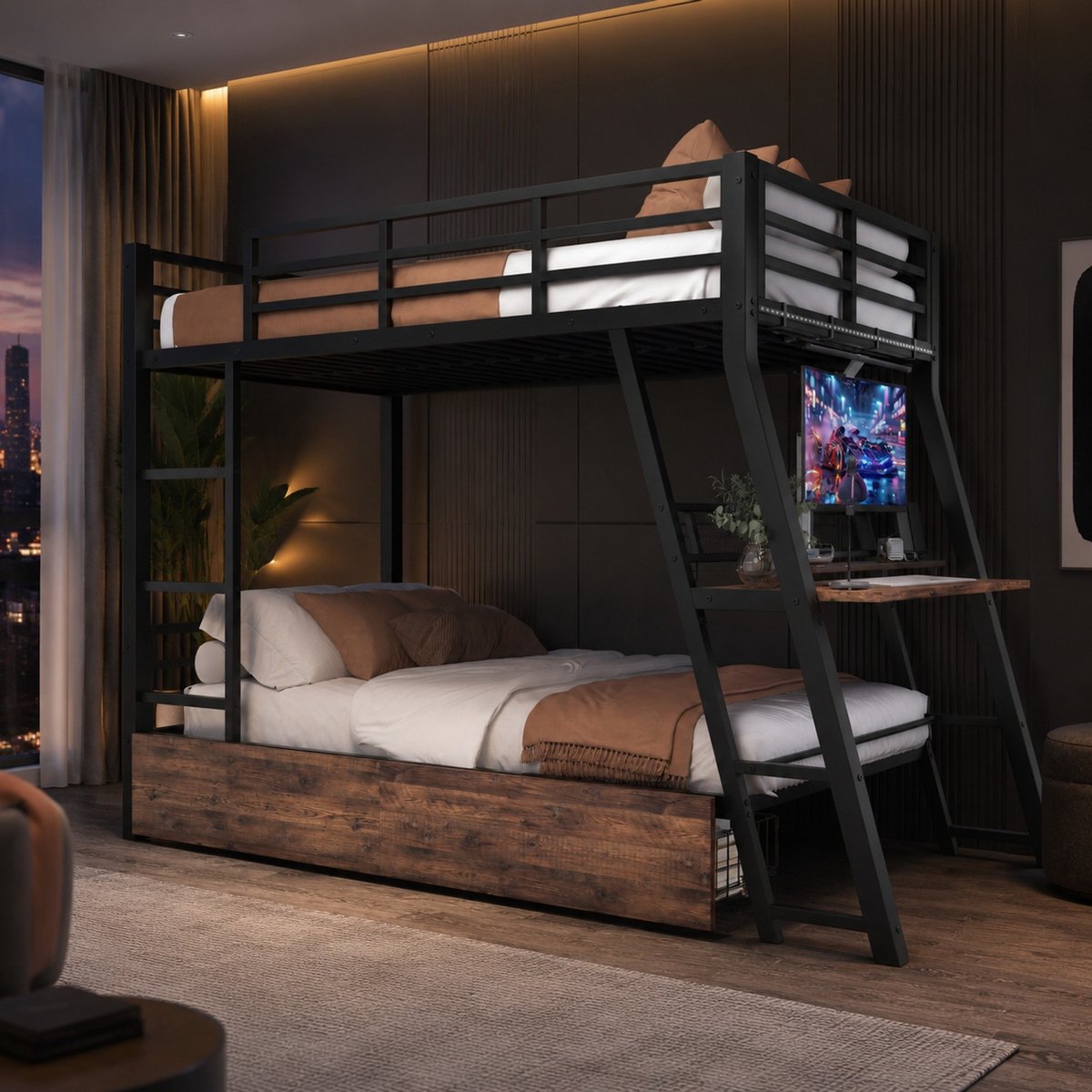 Wishdor Hoogslaper 90x200 cm - Met bureau, lades en ladder - Met LED verlichting en uitvalbeveiliging - Metaal en MDF - Zwart - Voor kinderkamer en studeerhoek